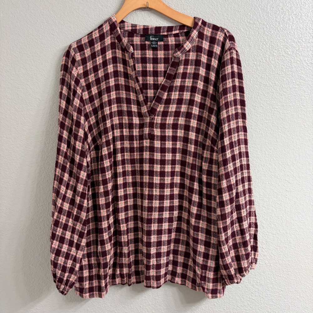 Felina Women Plaid V-Neck Long Sleeve Blouse Burgundy Pink Shimmer XL OM-2506
